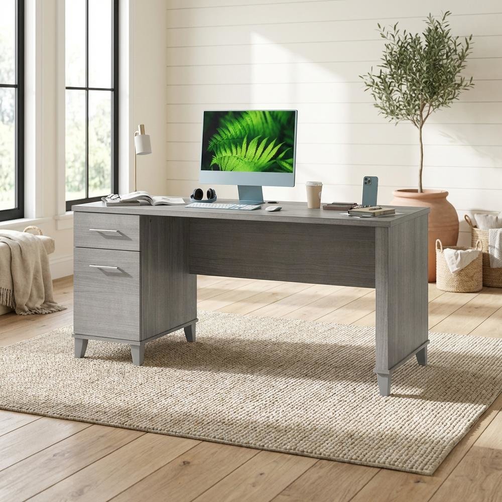 Gray Office Desk With Drawers And Wire Management For Workspace. Picture 3