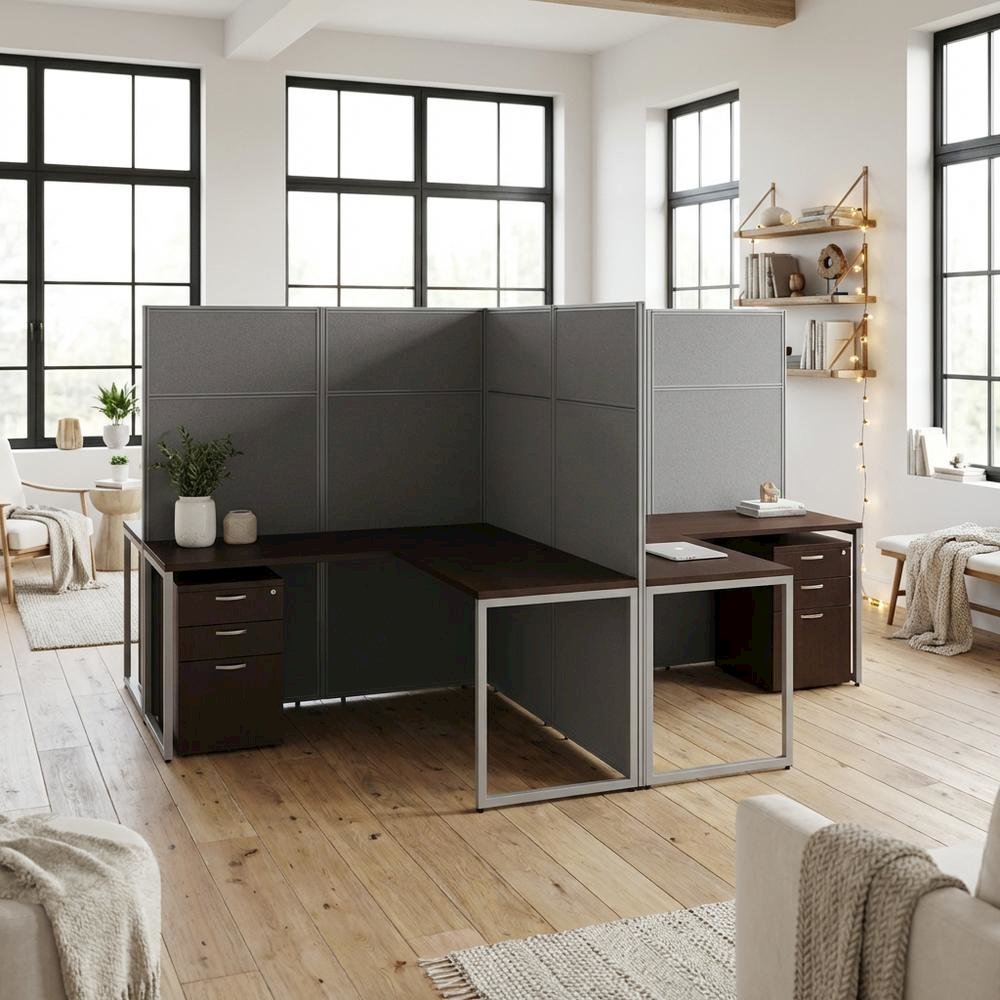 Silver L-Shaped Cubicle Desk with Drawers and Panel Privacy. Picture 3