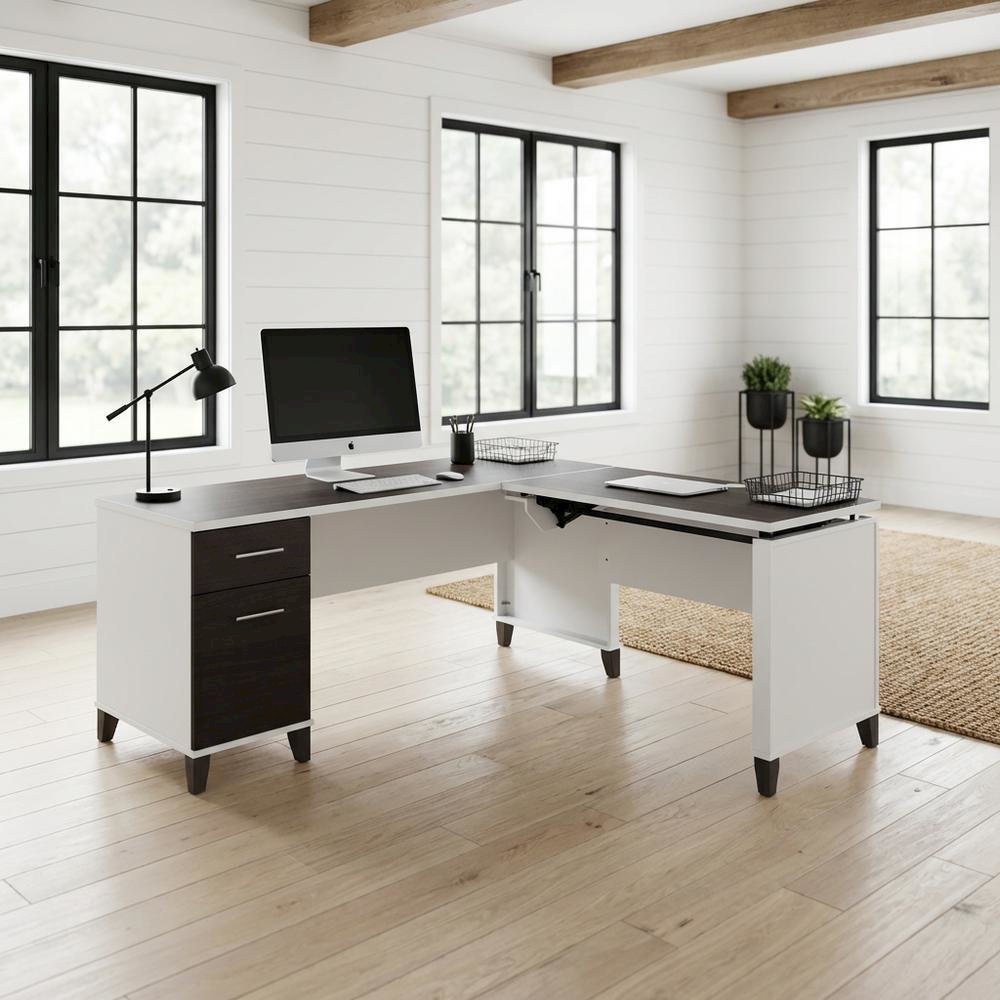 White L-Shaped Sit-To-Stand Office Desk With 3 Position Adjustment. Picture 2