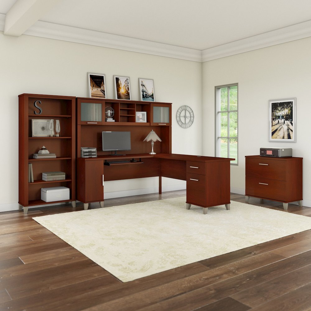 Somerset 72W L Shaped Desk with Hutch, Lateral File Cabinet and Bookcase. Picture 2
