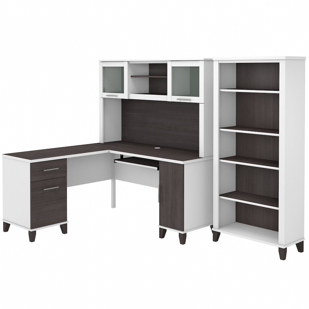 Somerset 60W L Shaped Desk with Hutch and 5 Shelf Bookcase. Picture 1