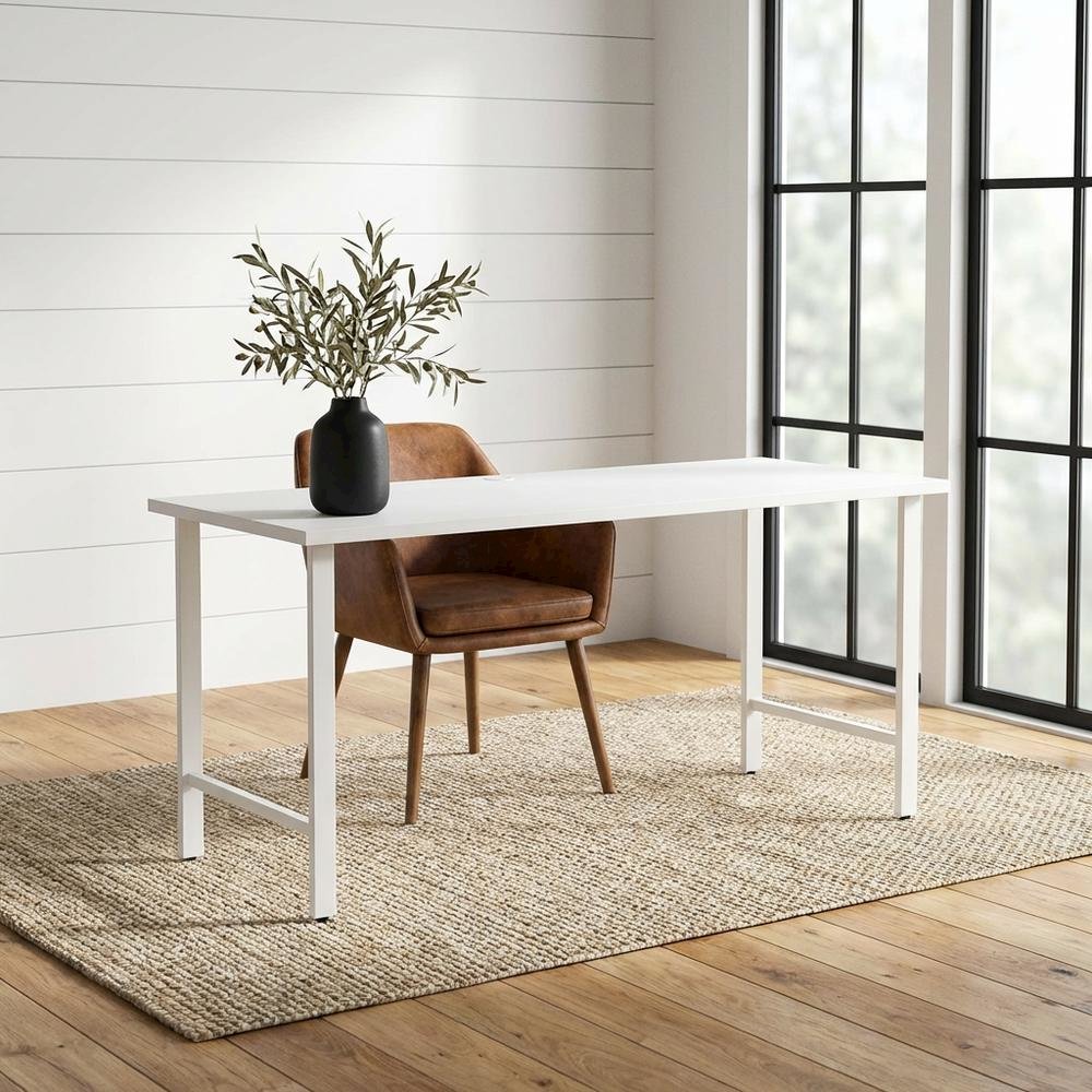 White Office Computer Desk With Metal Legs, Spacious Work Surface. Picture 2