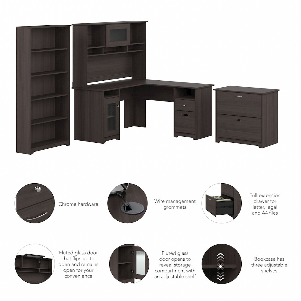 Cabot 60W L Shaped Computer Desk with Hutch, File Cabinet and Bookcase. Picture 8