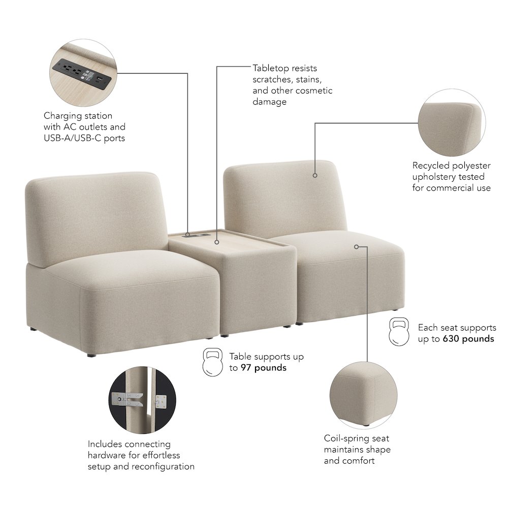 Assemble Modular 2 Seater Sectional with Charging Station in Oat Fabric. Picture 6