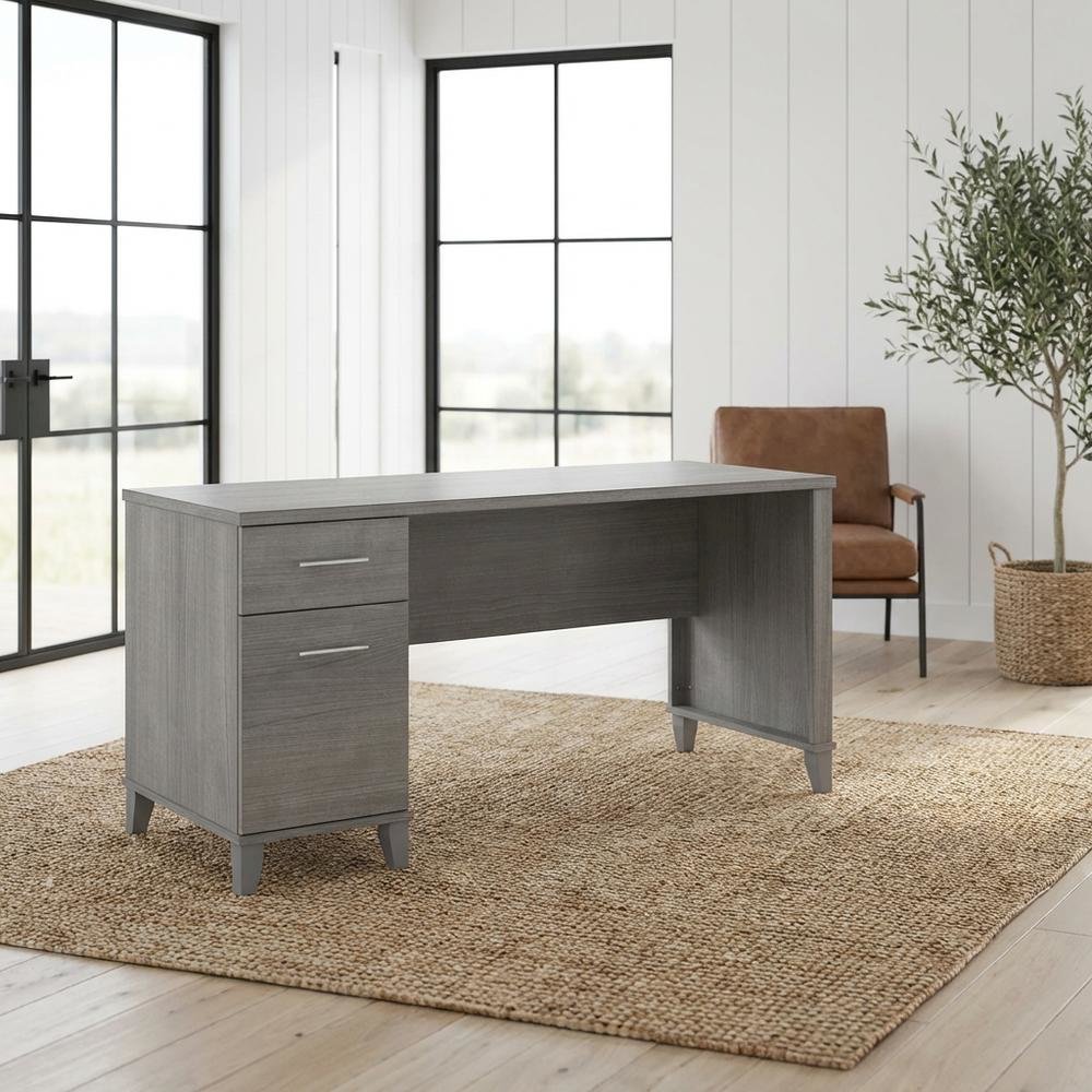 Gray Office Desk With Drawers And Wire Management For Workspace. Picture 2