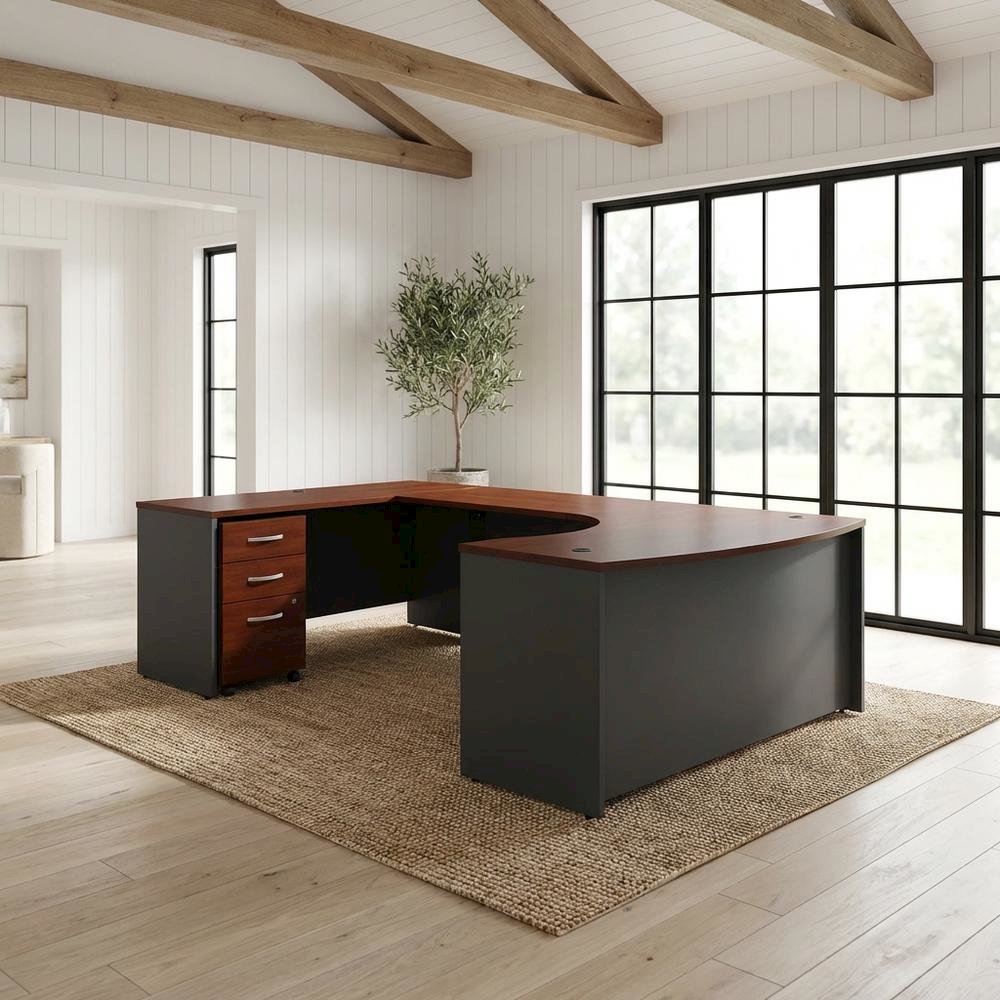 L Shaped Office Desk With Mobile File Cabinet In Hansen Cherry And Gray Finish. Picture 2