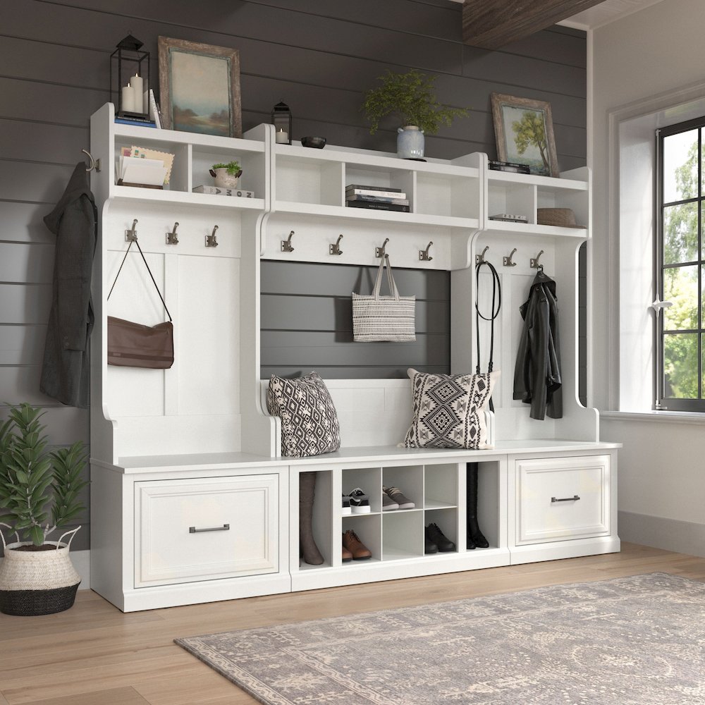 Woodland Full Entryway Storage Set with Coat Rack and Shoe Bench with Drawers. Picture 2
