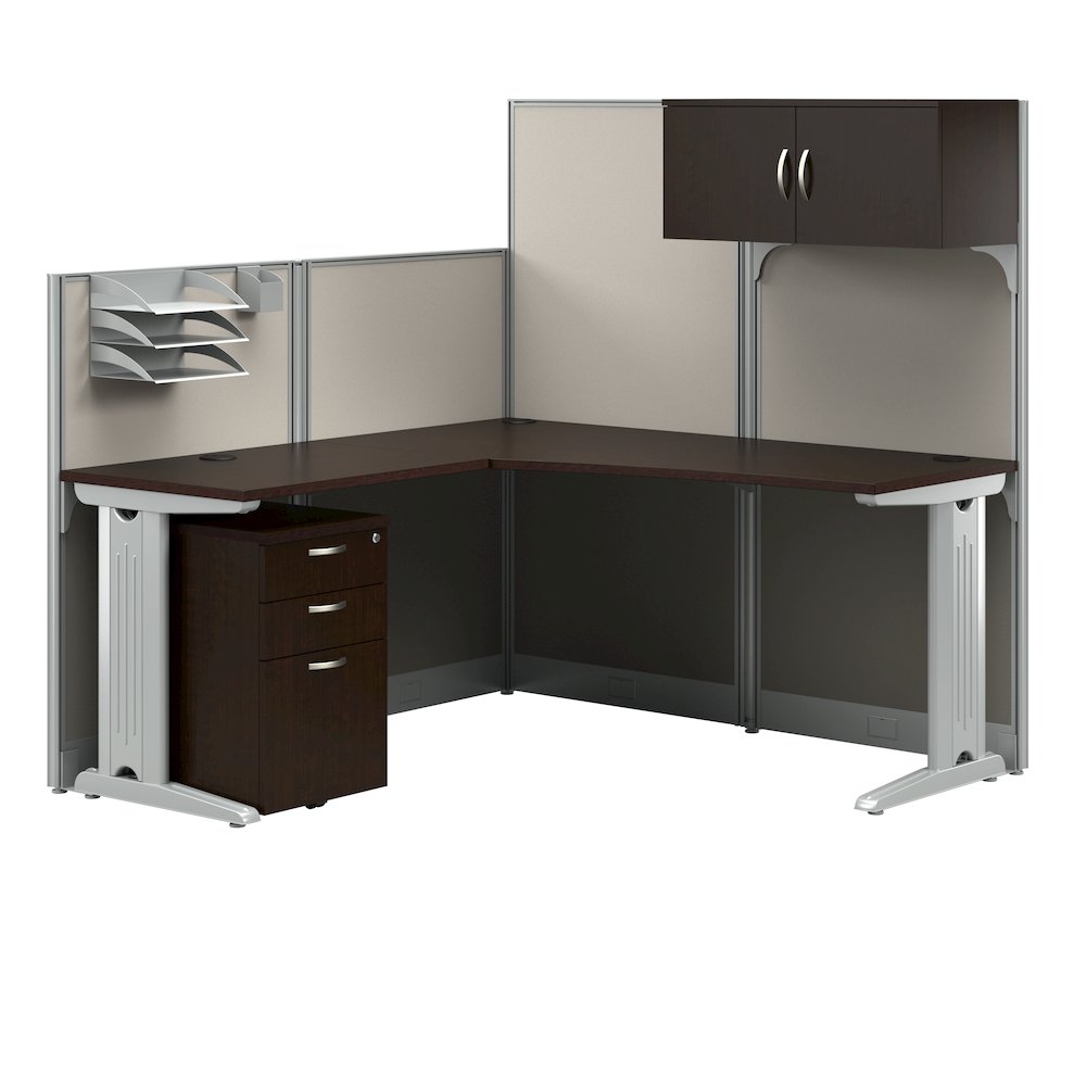 65W L Shaped Cubicle Desk with Storage, Drawers, and Organizers. Picture 1