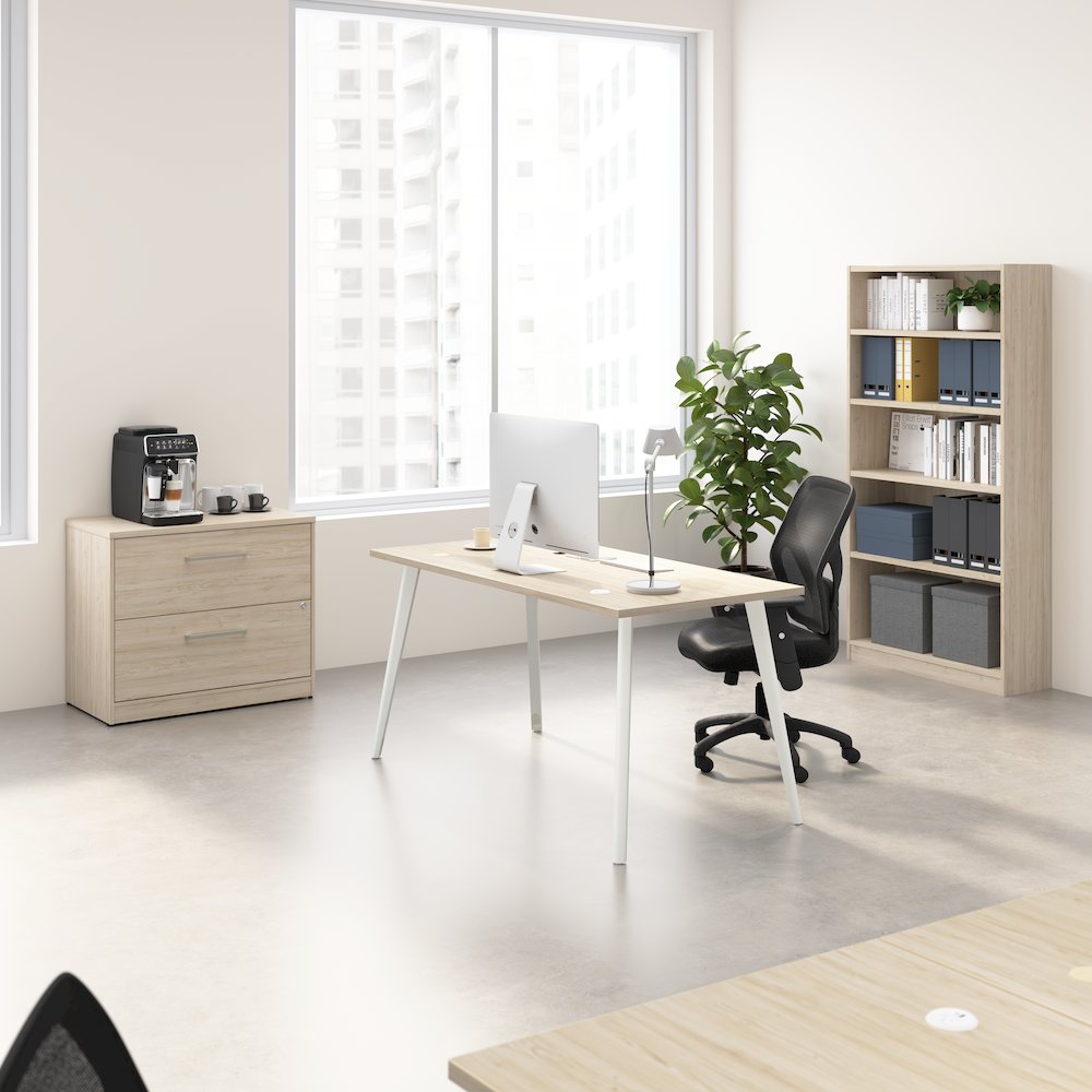 Vista 60W Desk with Splayed Metal Legs, Lateral File Cabinet, and Bookcase. Picture 5