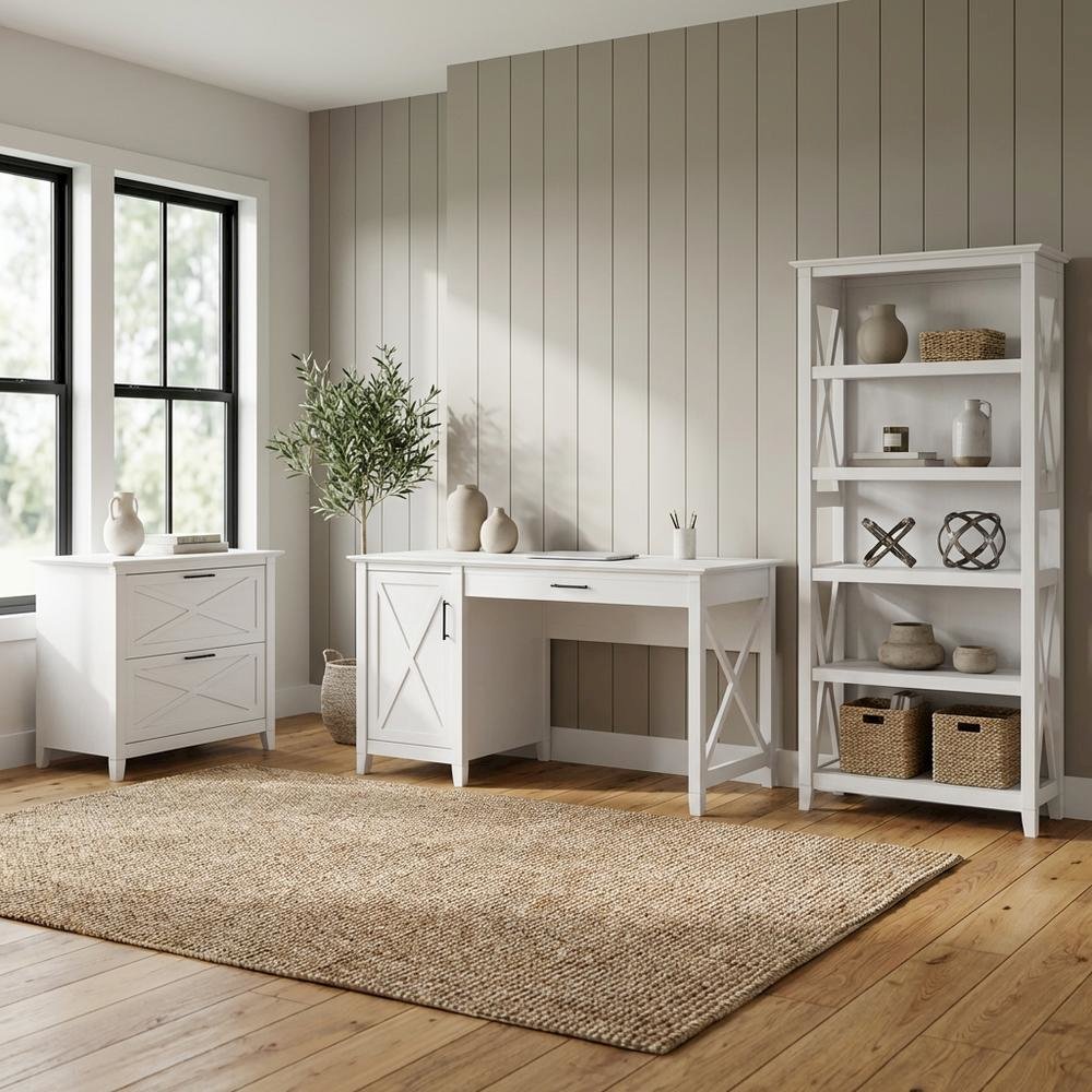 White 54W Computer Desk with 2 Drawer Lateral File Cabinet and 5 Shelf Bookcase. Picture 2