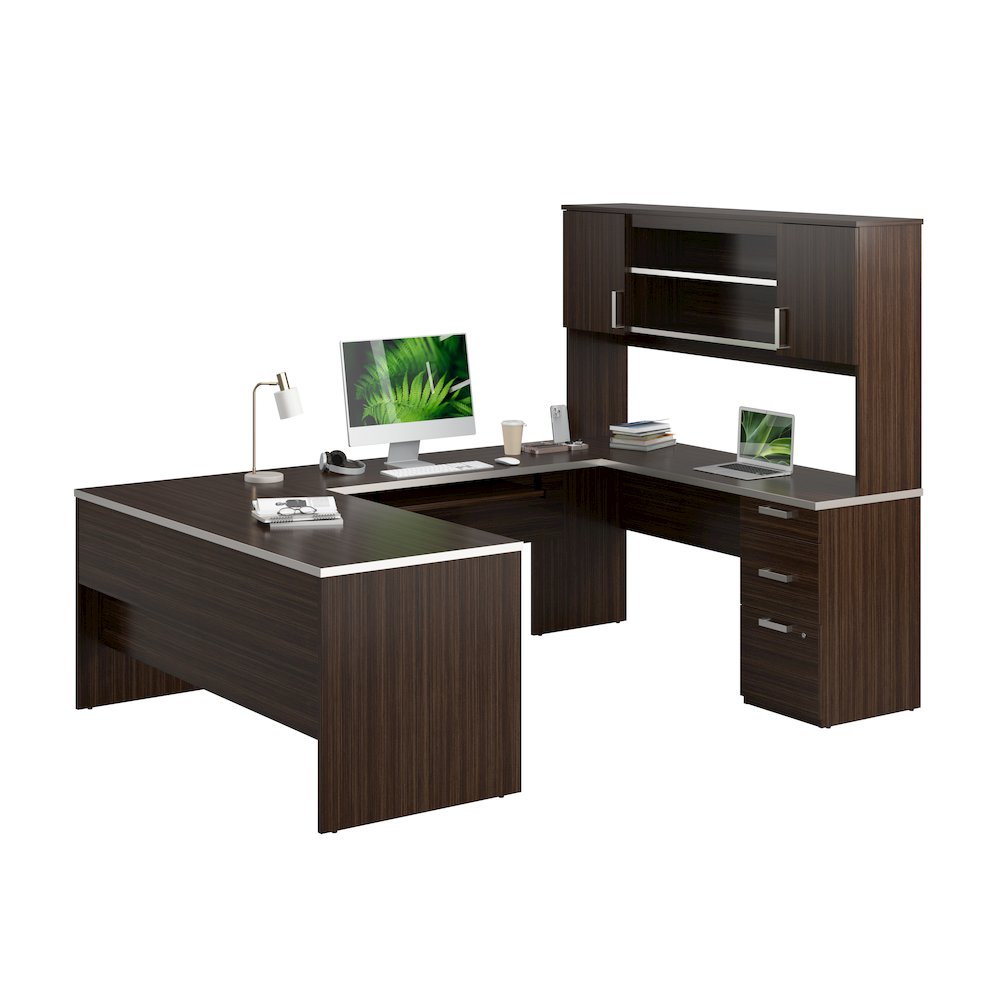 65W U-Shaped Executive Desk with Pedestal and Hutch. Picture 1