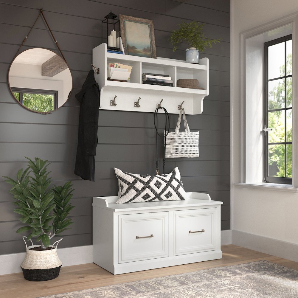 Woodland 40W Shoe Storage Bench with Doors and Wall Mounted Coat Rack. Picture 2