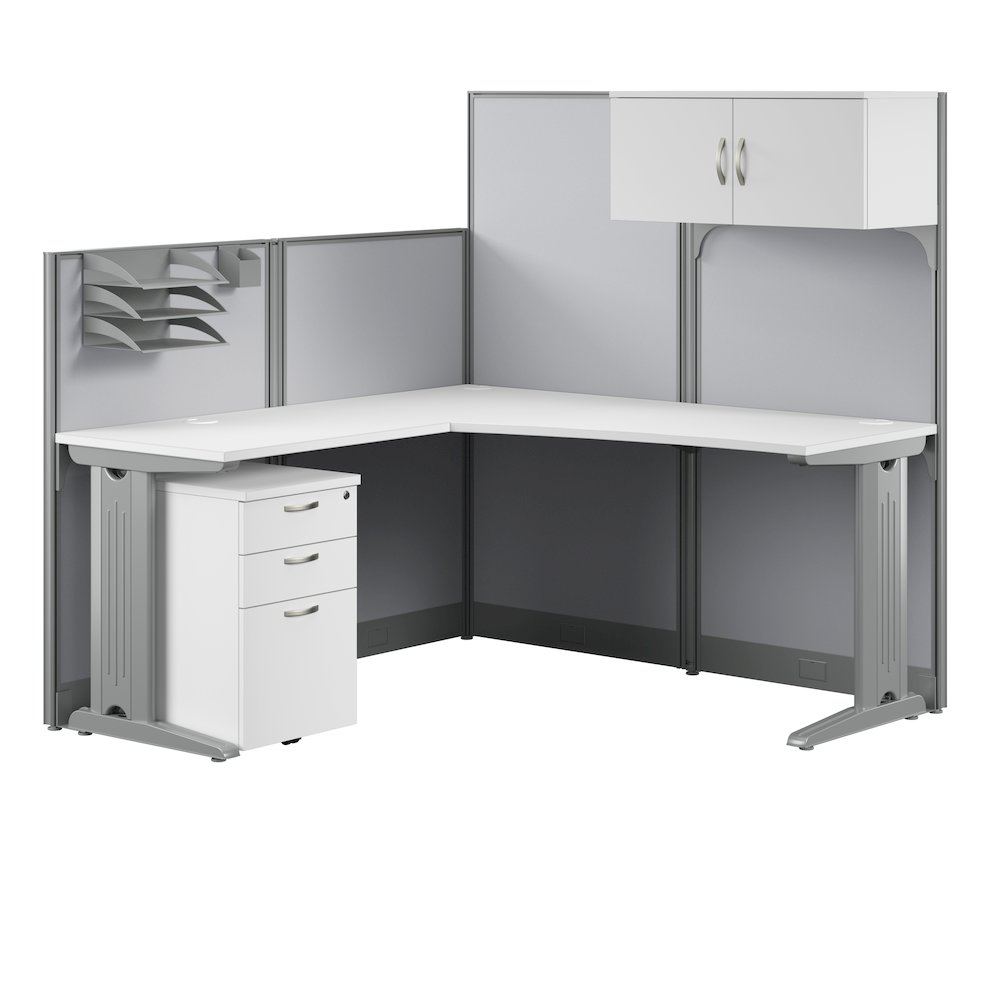 65W L Shaped Cubicle Desk with Storage, Drawers, and Organizers. Picture 1