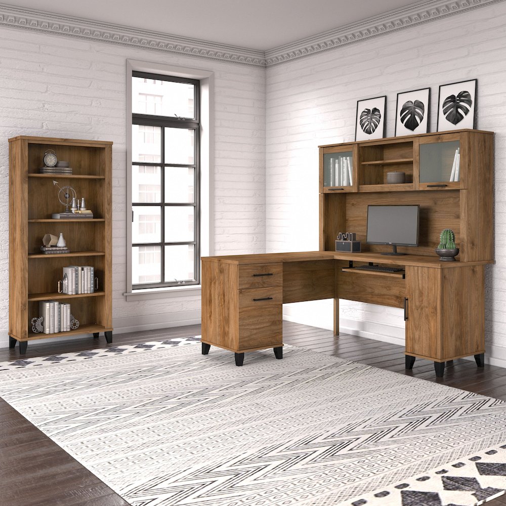 Somerset 60W L Shaped Desk with Hutch and 5 Shelf Bookcase. Picture 2
