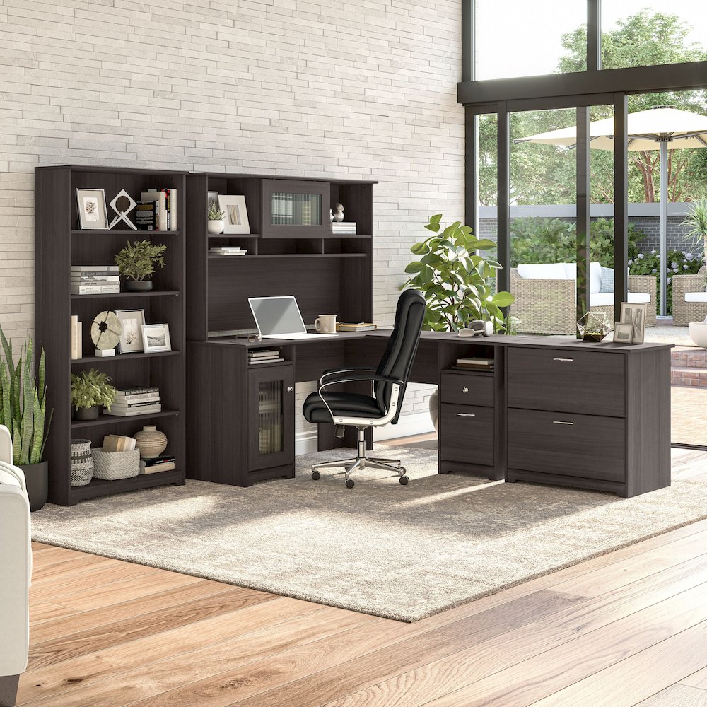 Cabot 60W L Shaped Computer Desk with Hutch, File Cabinet and Bookcase. Picture 2