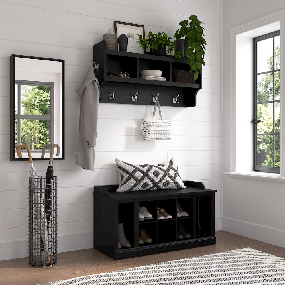 Woodland 40W Shoe Storage Bench with Shelves and Wall Mounted Coat Rack. Picture 2