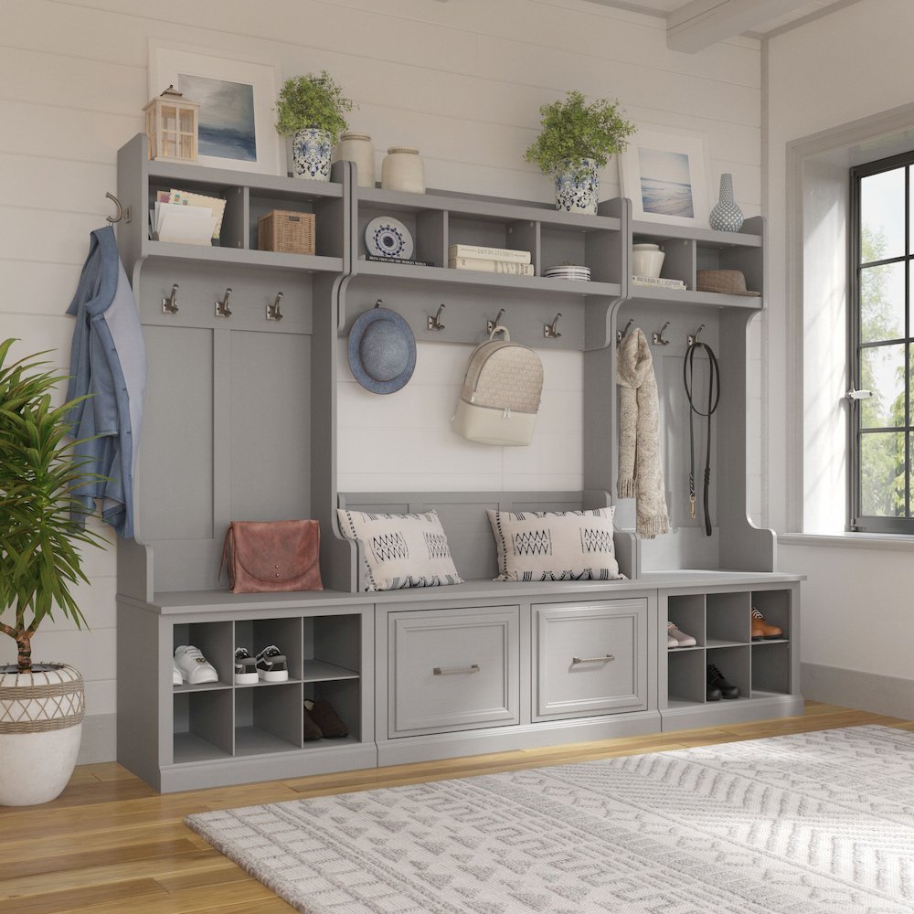 Woodland Full Entryway Storage Set with Coat Rack and Shoe Bench with Doors. Picture 2