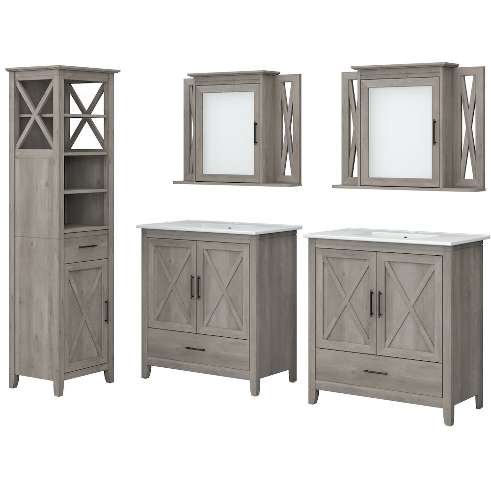 Key West 64W Double Vanity Set with Sinks, Medicine Cabinets and Linen Tower. Picture 1