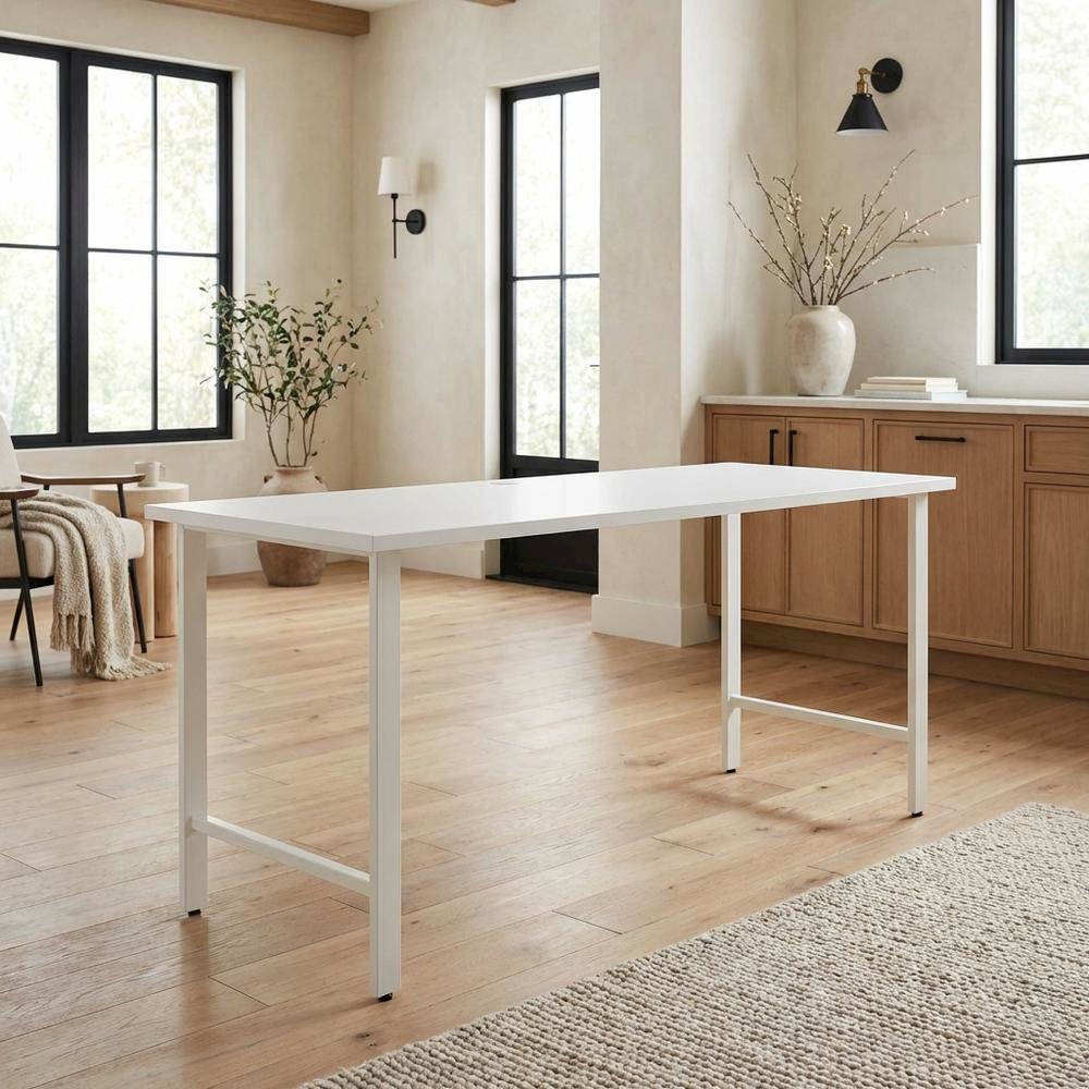 White Office Computer Desk With Metal Legs, Spacious Work Surface. Picture 3