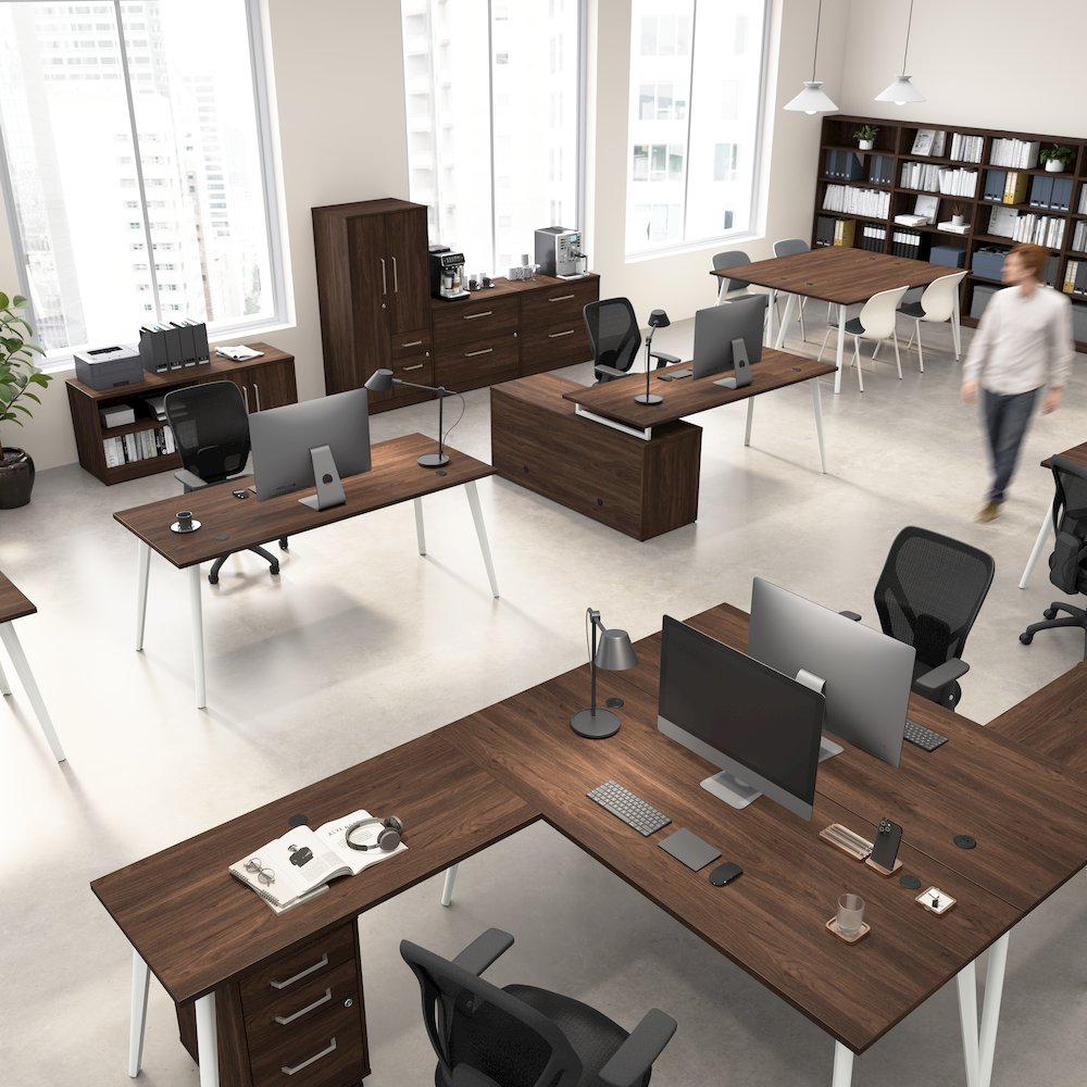 Vista 72W Desk with Splayed Metal Legs, Lateral File Cabinet, and Bookcase. Picture 3