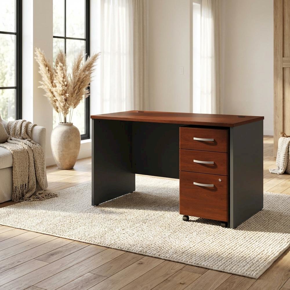 Modern Office Desk With Mobile File Cabinet In Hansen Cherry Finish. Picture 3