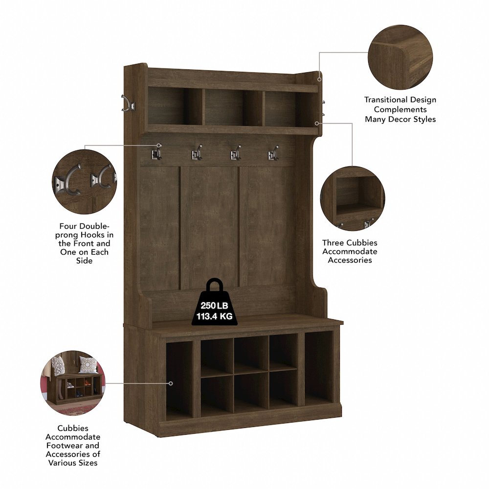 Woodland 40W Hall Tree and Shoe Storage Bench with Shelves. Picture 8