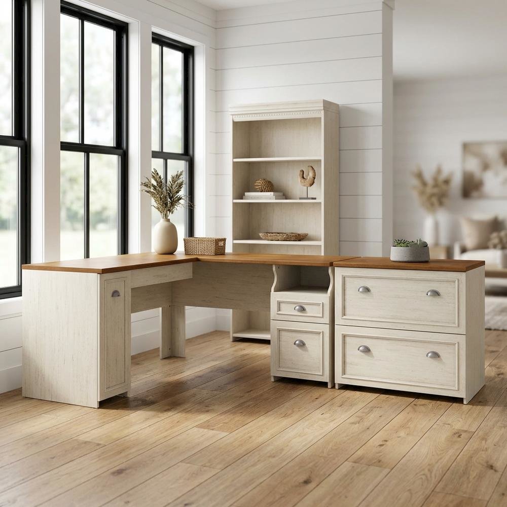 Ivory L Shaped Desk With File Cabinet And Bookcase For Home Office. Picture 2
