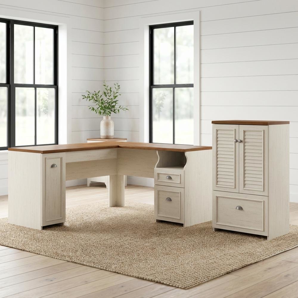 Ivory L-Shaped Desk with 2-Door Storage Cabinet and File Drawer for Home Office. Picture 2