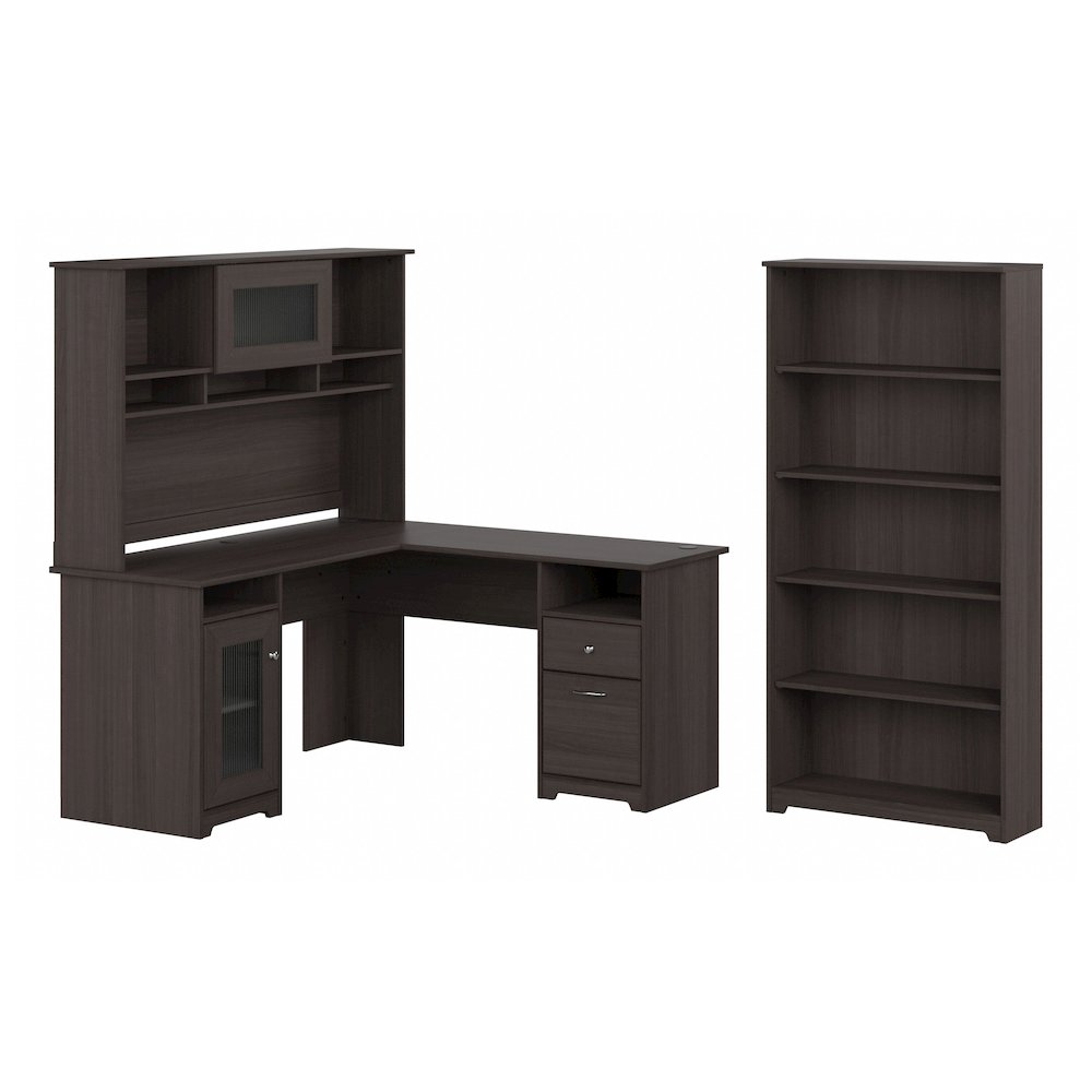 Cabot 60W L Shaped Computer Desk with Hutch and 5 Shelf Bookcase. Picture 1