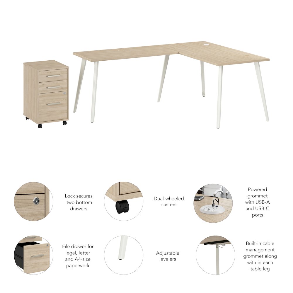 Vista 60W L Shaped Desk with Splayed Metal Legs and Mobile File Cabinet. Picture 11