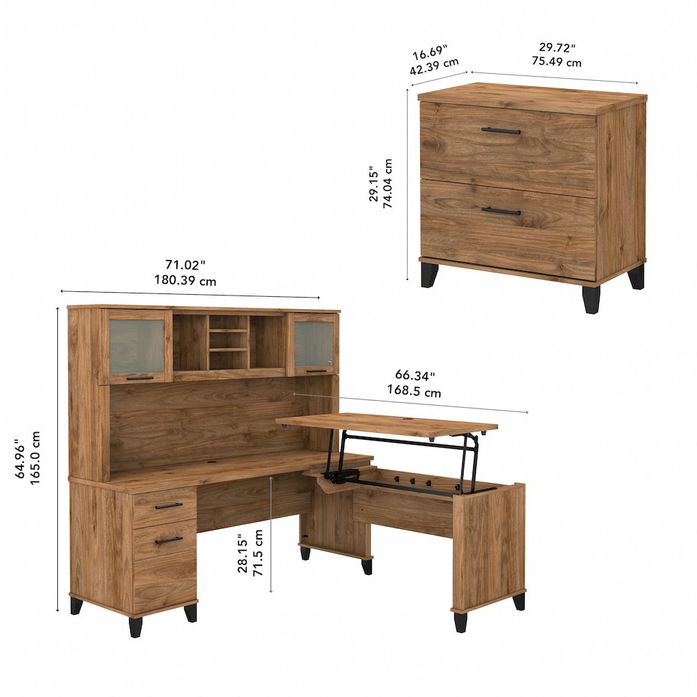 Somerset 72W 3 Position Sit to Stand L Shaped Desk with Hutch and File Cabinet. Picture 11