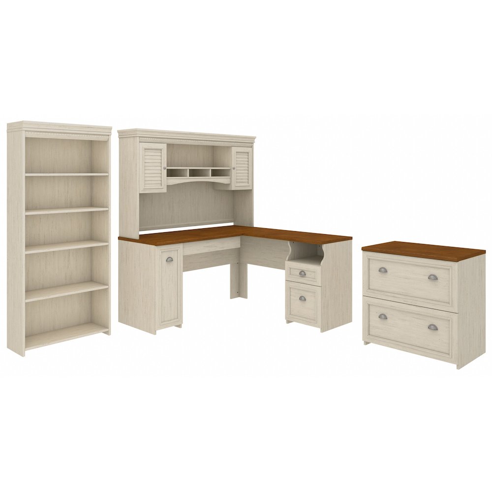Fairview 60W L Shaped Desk with Hutch, Lateral File Cabinet and 5 Shelf Bookcase. Picture 1