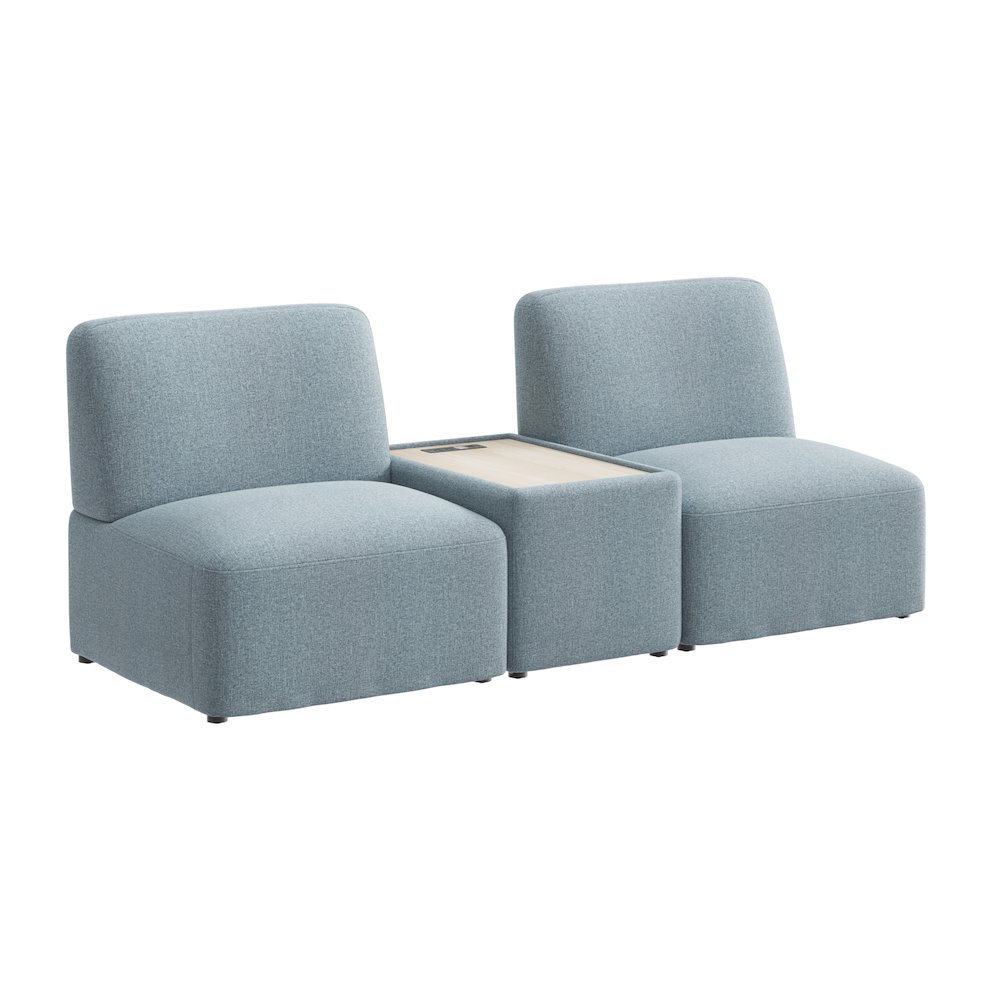 Assemble Modular 2 Seater Sectional with Charging Station in Mist Fabric. Picture 1