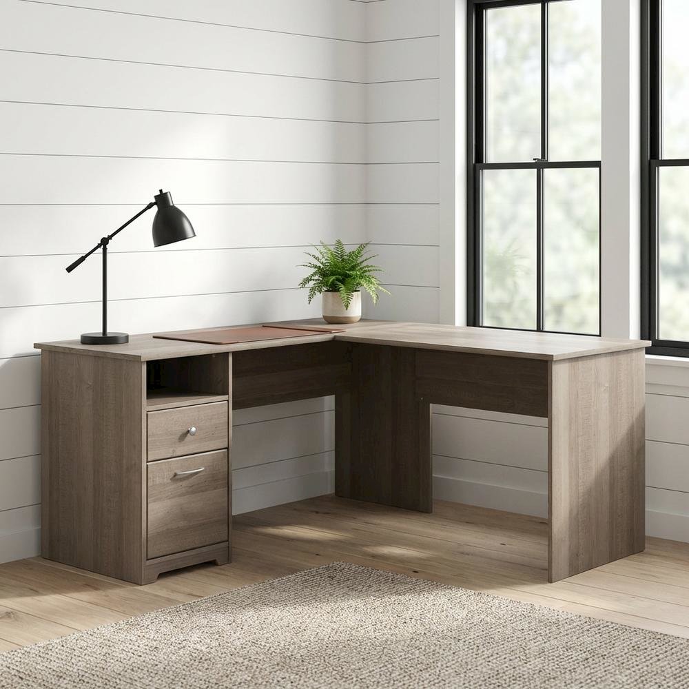 Modern Gray L-Shaped Computer Desk With 2 Drawers And Wire Management. Picture 2