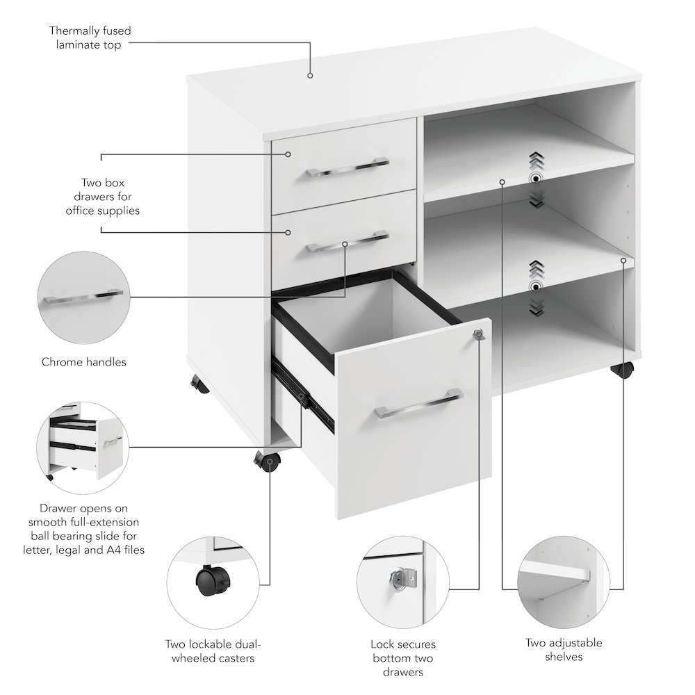 Hustle Rolling Storage Cabinet with Drawers and Shelves in White. Picture 9