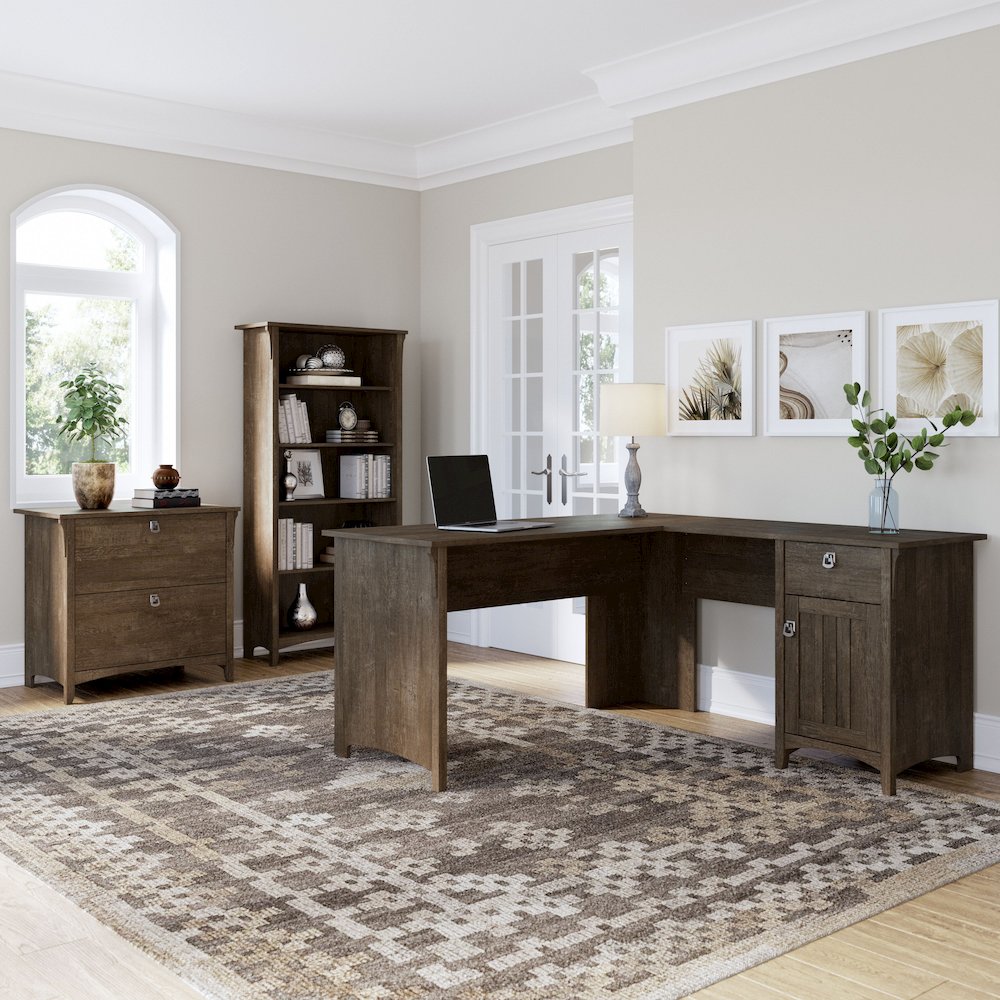 Salinas 60W L Shaped Desk with Lateral File Cabinet and 5 Shelf Bookcase. Picture 2
