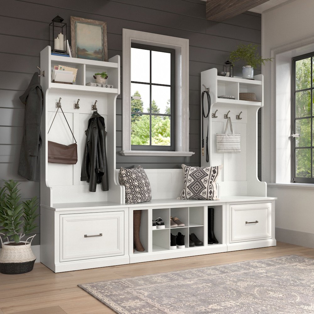 Woodland Entryway Storage Set with Hall Trees and Shoe Bench with Drawers. Picture 2