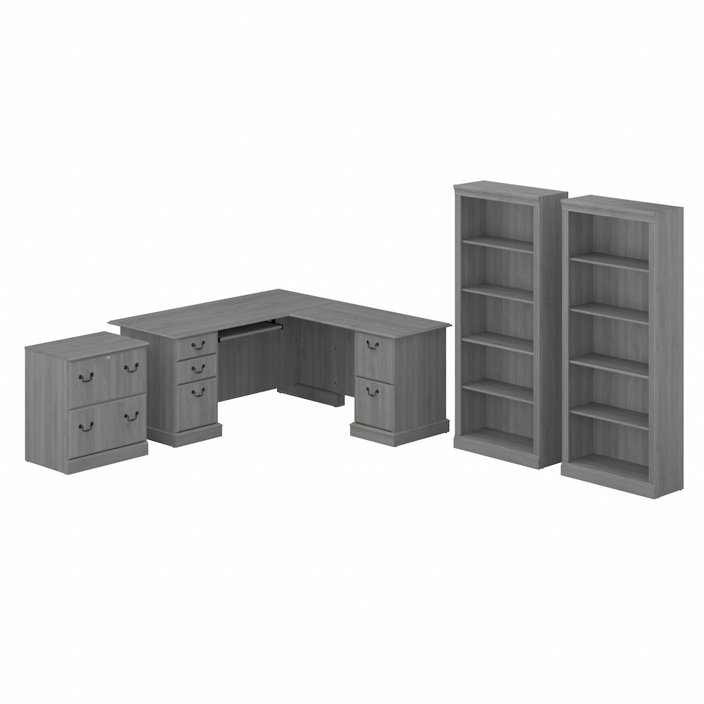 Saratoga L Shaped Computer Desk with File Cabinet and Bookcase Set. Picture 1