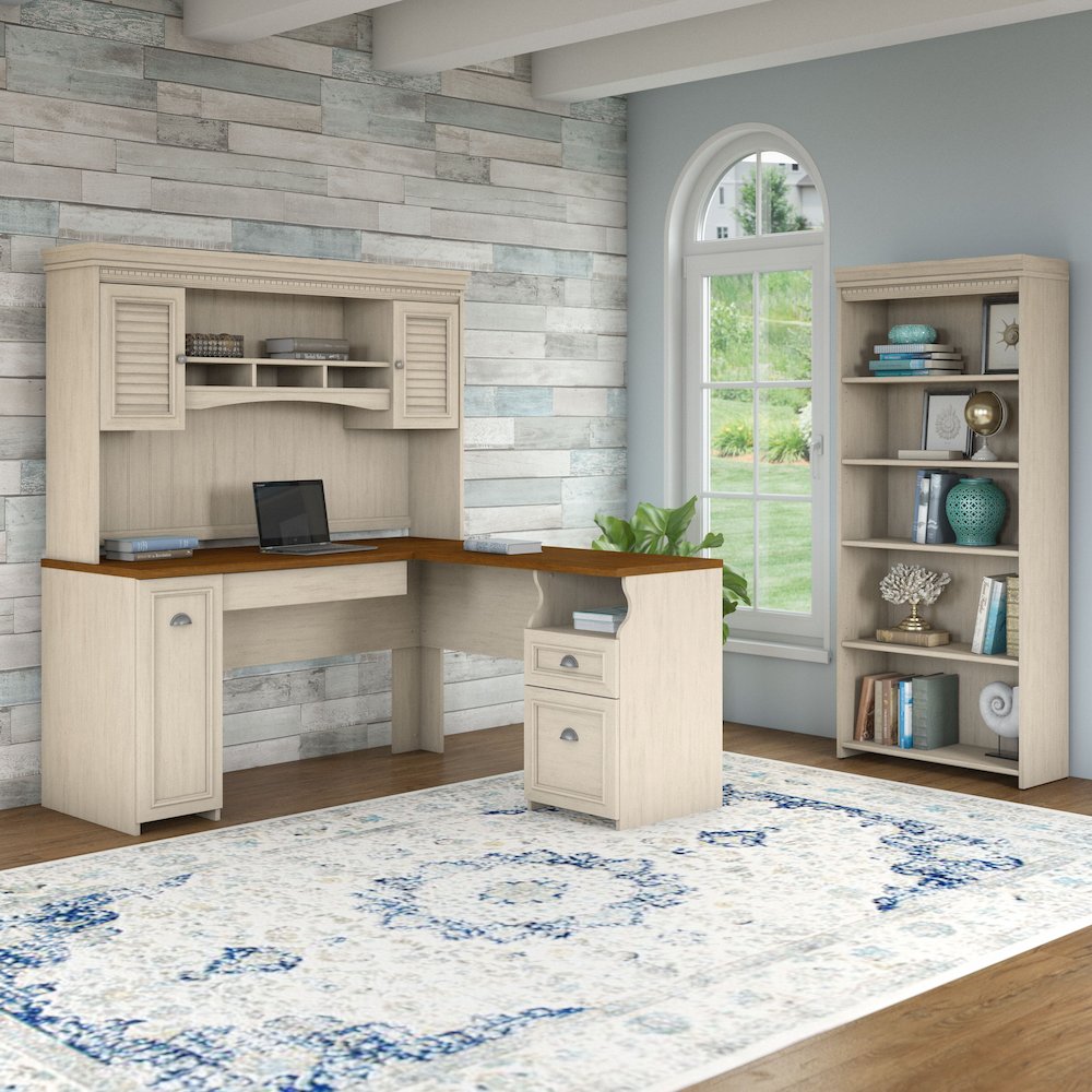 Fairview 60W L Shaped Desk with Hutch and 5 Shelf Bookcase. Picture 2