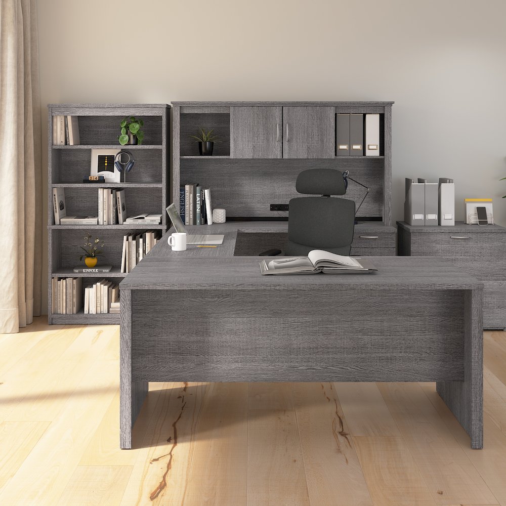 66W U-Shaped Desk with Hutch, Lateral File Cabinet, and Bookcase. Picture 2
