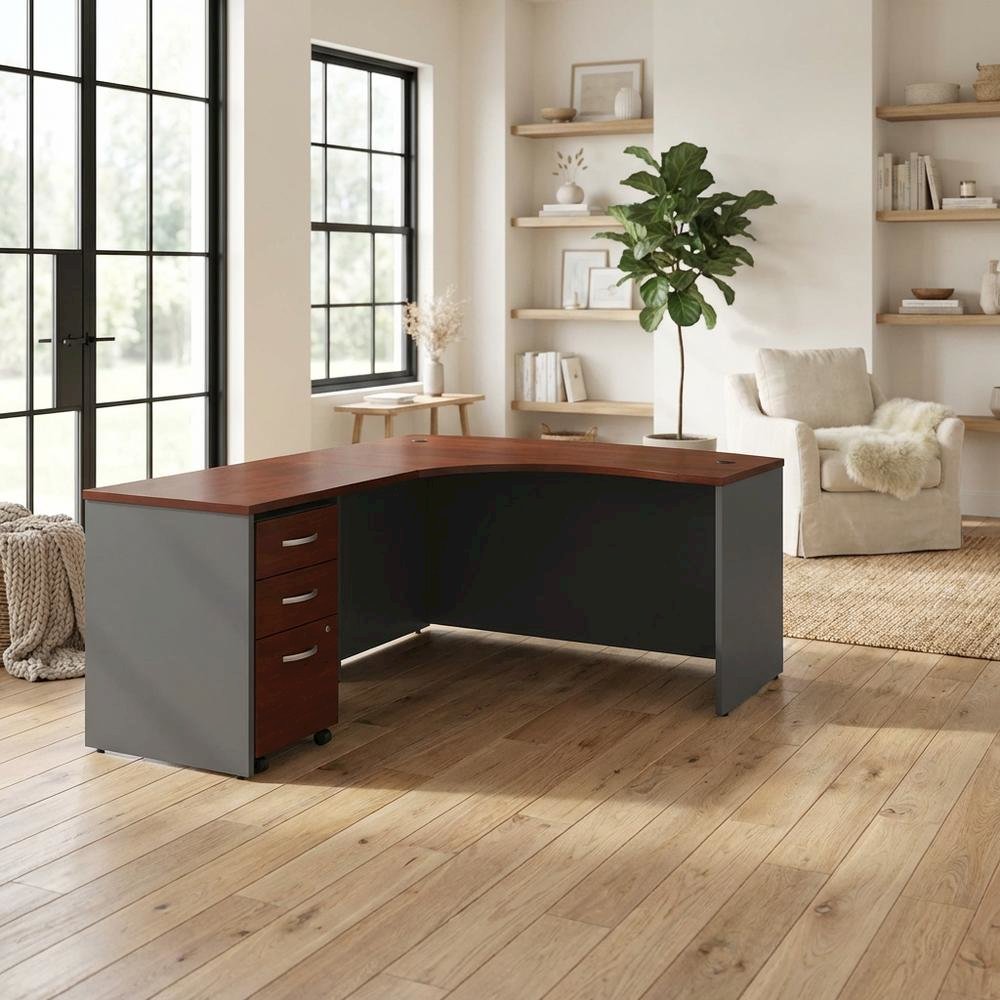L Shaped Office Desk With Mobile File Cabinet In Hansen Cherry And Gray Finish. Picture 3