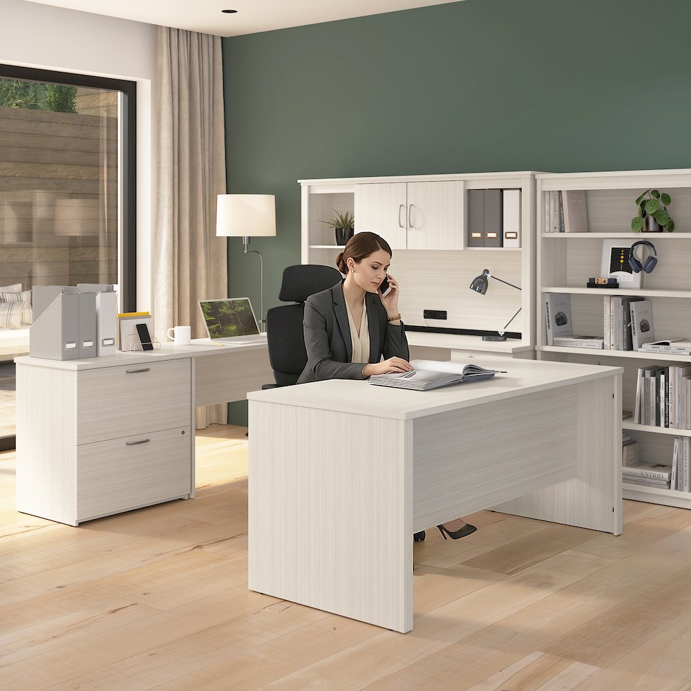 66W U or L-Shaped Executive Office Desk with Pedestal and Hutch. Picture 3