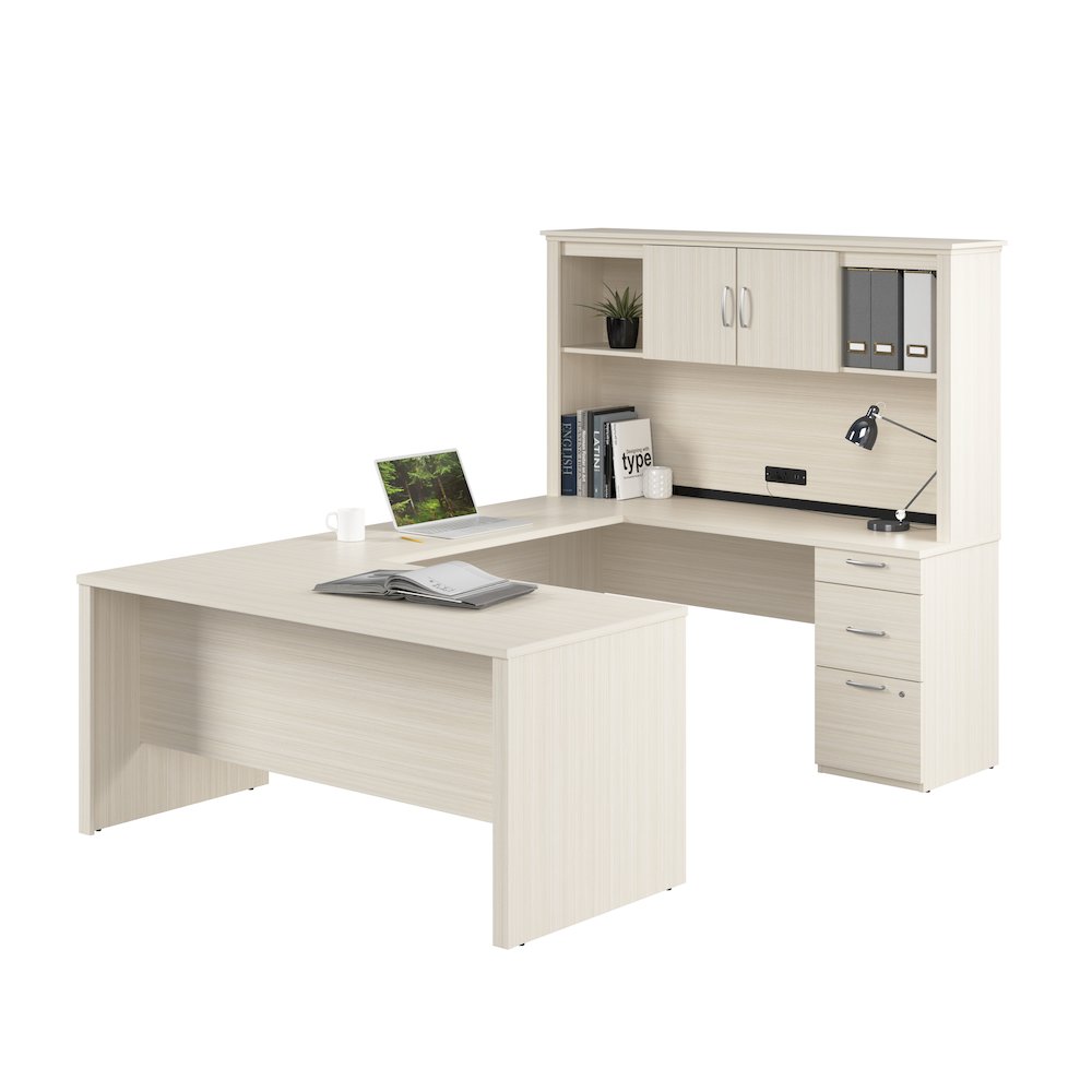 66W U or L-Shaped Executive Office Desk with Pedestal and Hutch. Picture 1