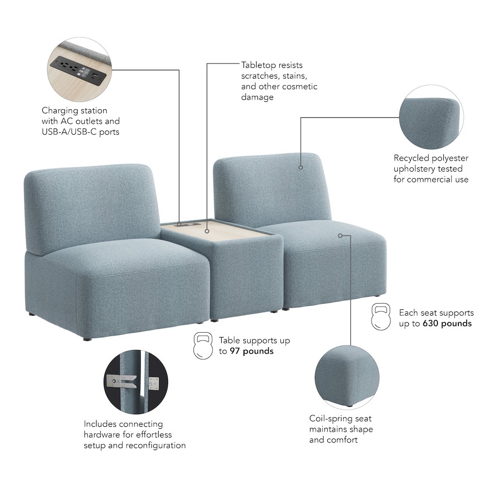 Assemble Modular 2 Seater Sectional with Charging Station in Mist Fabric. Picture 6