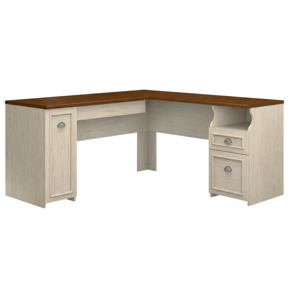 Ivory L-Shaped Desk with 2-Door Storage Cabinet and File Drawer for Home Office. Picture 1