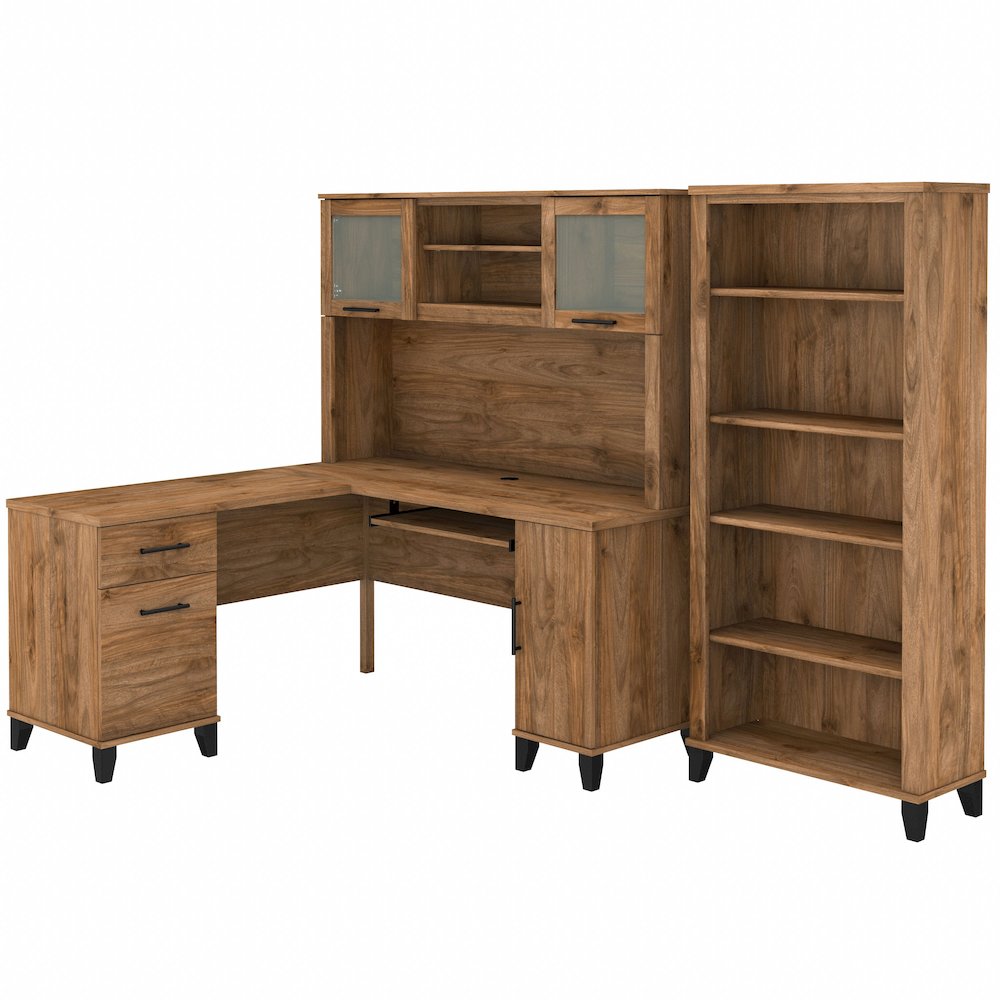 Somerset 60W L Shaped Desk with Hutch and 5 Shelf Bookcase. Picture 1