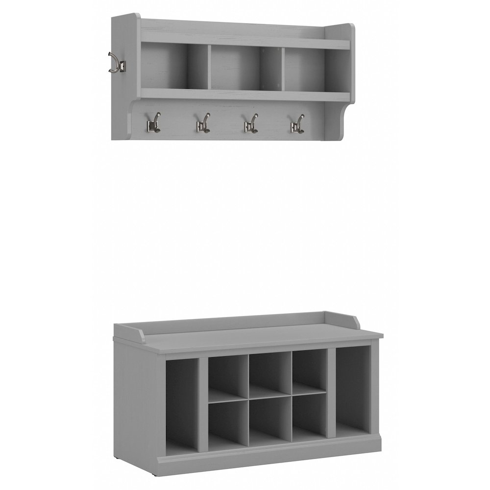 Woodland 40W Shoe Storage Bench with Shelves and Wall Mounted Coat Rack. Picture 1