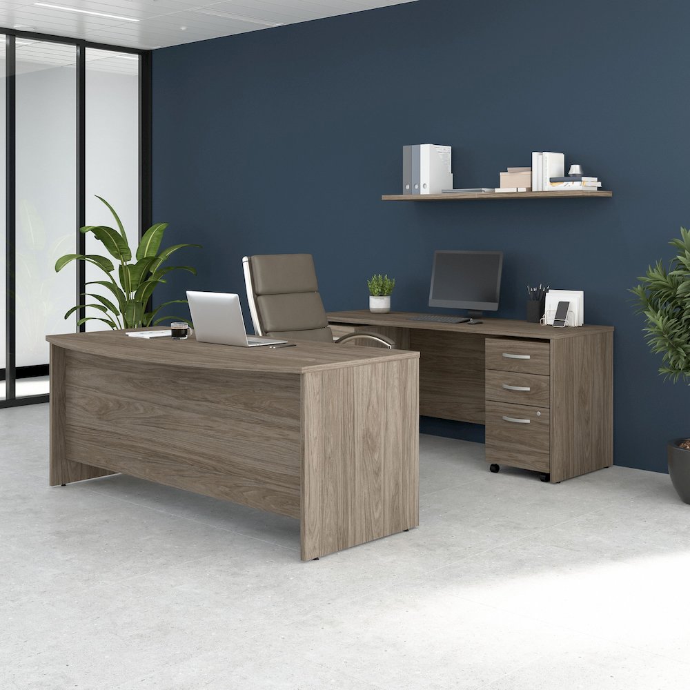 Studio C 72W x 36D Bow Front Desk and Credenza with Mobile File Cabinets. Picture 2