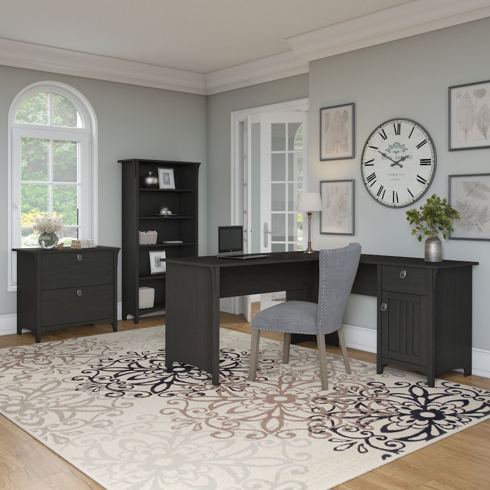 Salinas 60W L Shaped Desk with Lateral File Cabinet and 5 Shelf Bookcase. Picture 2
