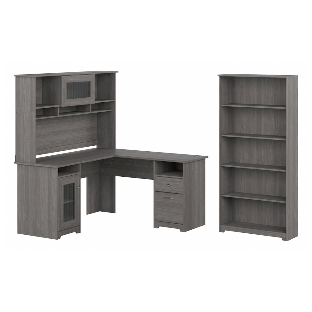Cabot 60W L Shaped Computer Desk with Hutch and 5 Shelf Bookcase. Picture 1